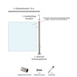 Edelstahl Glasgeländer Erweiterungsset - Länge: 1,38 m, aufgesetzte Montage 