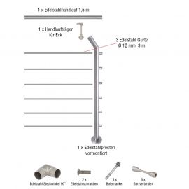 Edelstahl Gurtgeländer Eckset mit Übersteigschutz - Länge: 1,5 m, aufgesetzte Montage 