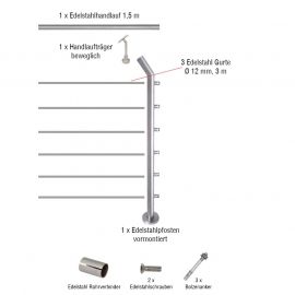 Edelstahl Gurtgeländer Erweiterungsset mit Übersteigschutz - Länge: 1,5 m, aufgesetzte Montage 