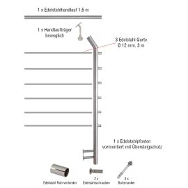Edelstahl Gurtgeländer Erweiterungsset mit Übersteigschutz - Länge: 1,5 m, seitliche Montage 