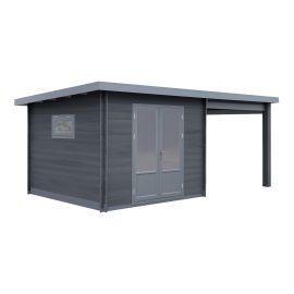WPC Gartenhaus Alpenblick inkl. überdachter Terrasse - Länge: 560 cm, Breite: 300 cm, Höhe: 239 cm, Farbe: dunkelgrau