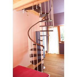 Spindeltreppe Innamincka - Holzart: Buche dunkel, Durchmesser: 138 cm, Metallfarbe: weiß, Abverkauf  