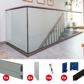 Ganzglasgeländer Komplettset - Ausführung: für vorgesetzte Montage, für Glasstärke: 16,76-17,52 mm, Länge: 3 m