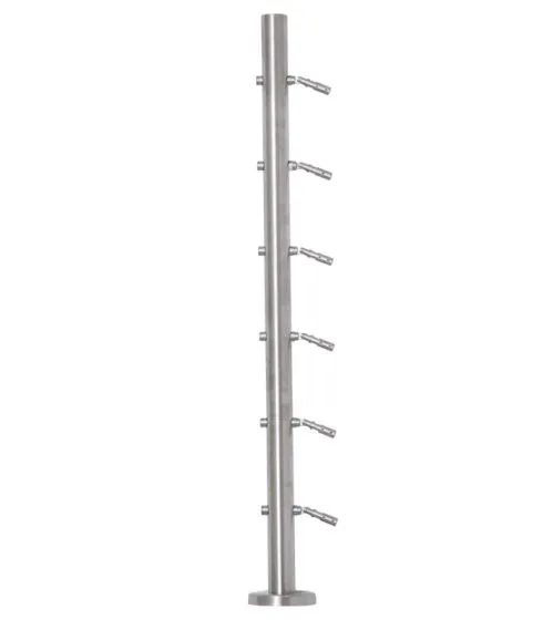 Geländerpfosten, Endpfosten für Bodenbefestigung mit Rosette, 6 Seilspanner